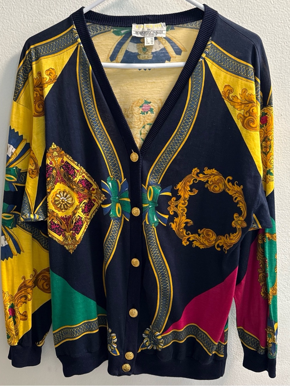 ENNEDI Women’s blue  & Gold Baroque Print Cardigan Sweater made in Italy vintage